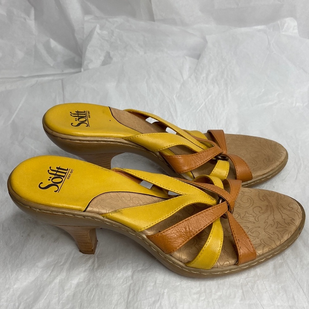 Sofft size 10N orange and yellow leather slip on sandals 4” heel great condition